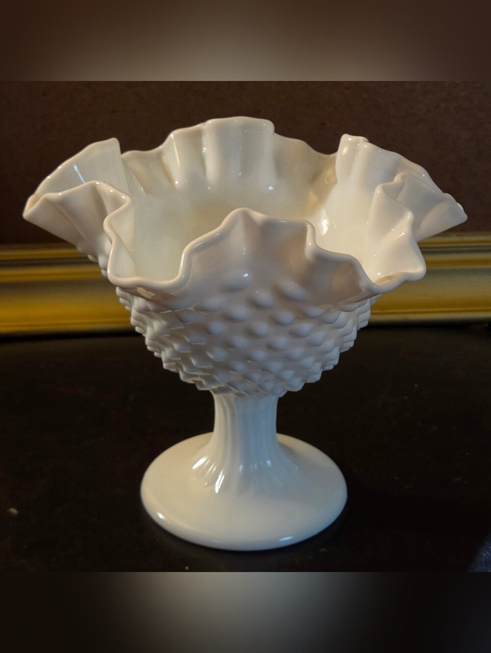 Vintage Fenton Hobnail Ruffled Rim White Milk Glass Footed Bowl 5¾"